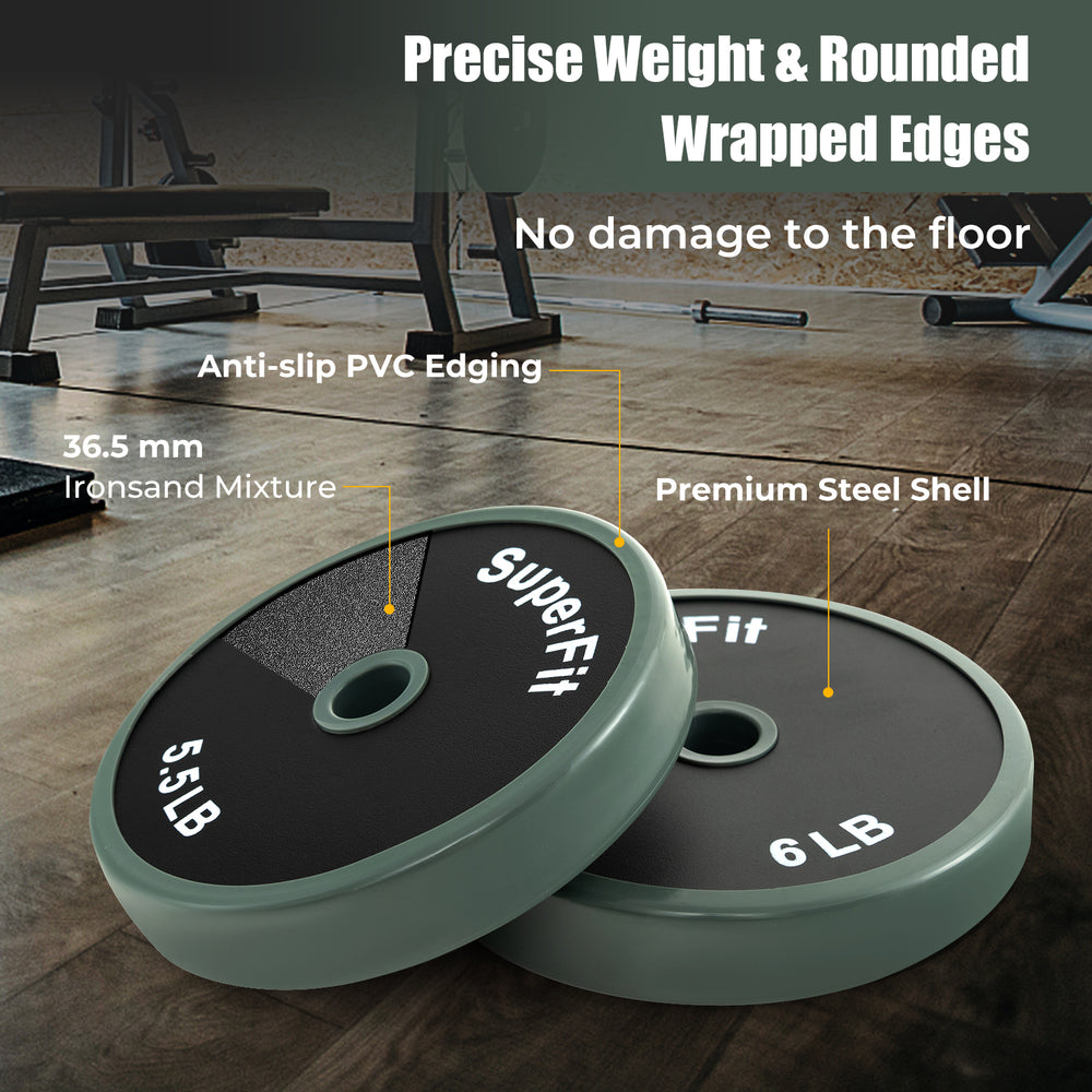 Close-up of 5.5 lb and 6 lb weight plates with anti-slip PVC edging, designed to prevent floor damage for home workouts.