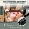 Thick foam-covered barbell rod with 16 weight plates for adjustable workouts, ensuring comfort and safety at home.