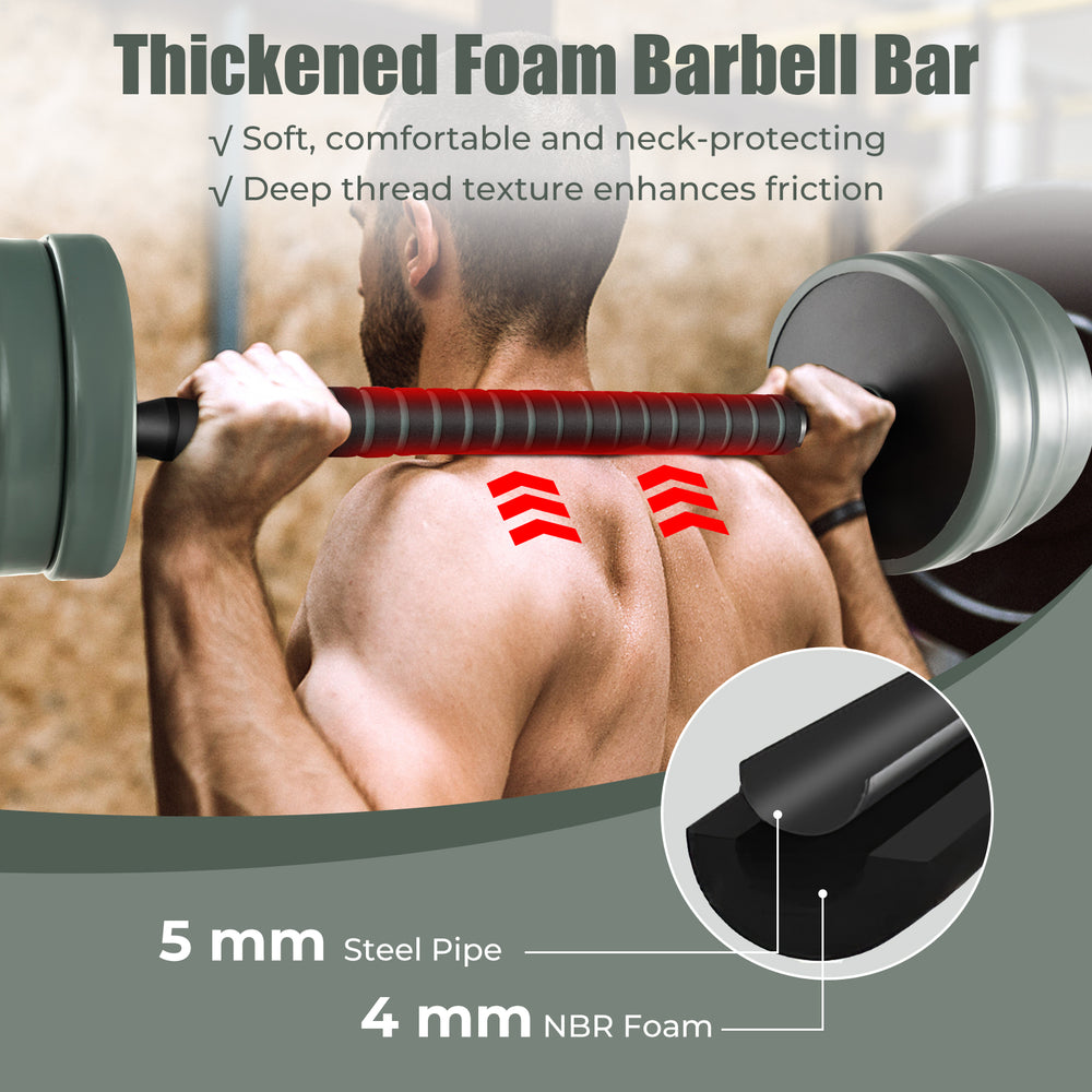 Thick foam-covered barbell rod with 16 weight plates for adjustable workouts, ensuring comfort and safety at home.