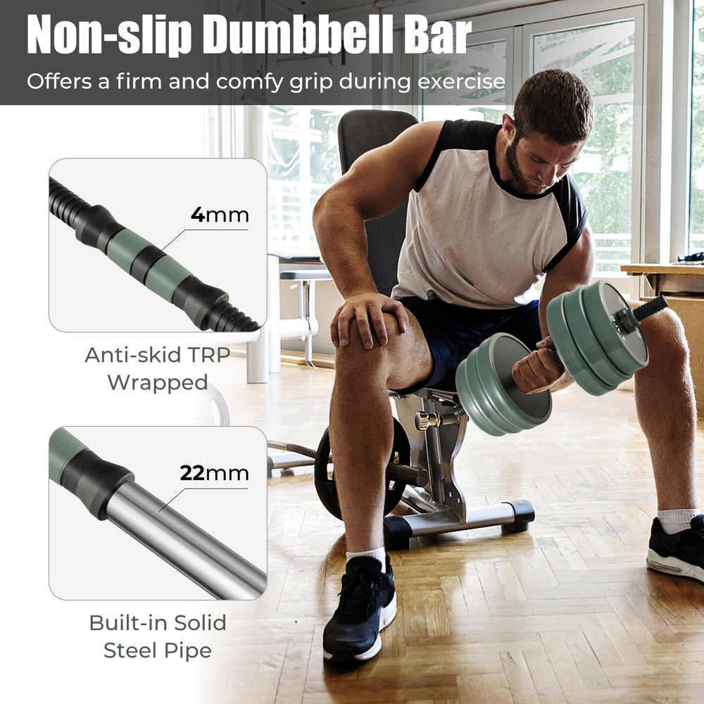Adjustable weight dumbbell set with foam-covered non-slip grip and 16 weight plates for versatile home workouts.