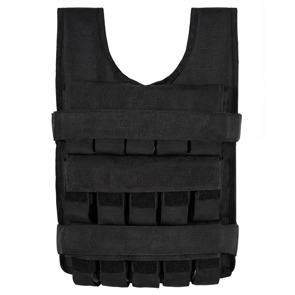 Adjustable black weighted vest for men and women with removable weights, ideal for strength training and HIIT workouts.