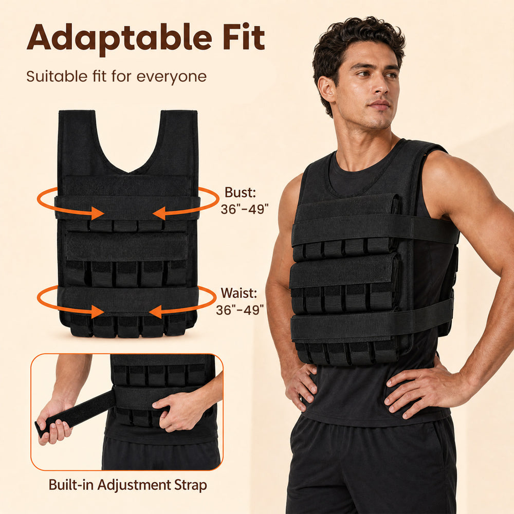 Adjustable weighted vest in black features removable iron weights, built-in adjustment strap, and is suitable for various workouts.