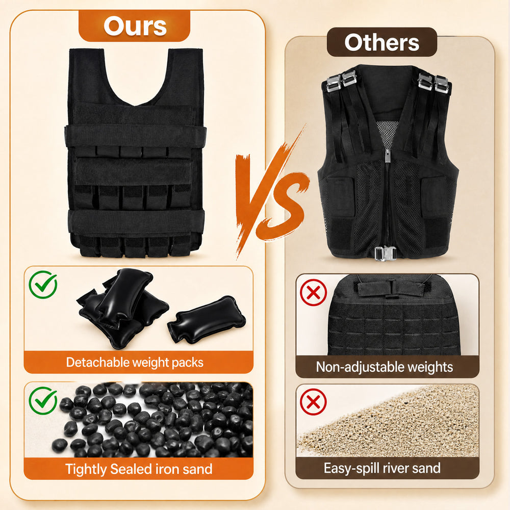 Adjustable weighted vest in black features detachable iron weight packs for versatile training and comfort during workouts.