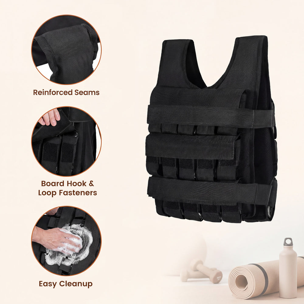 Adjustable black weighted vest made of 1080D polyester with removable weights, ideal for strength training and workouts.