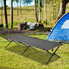 Gray folding camping cot with sturdy iron frame and 600D oxford fabric, ideal for camping and outdoor use.