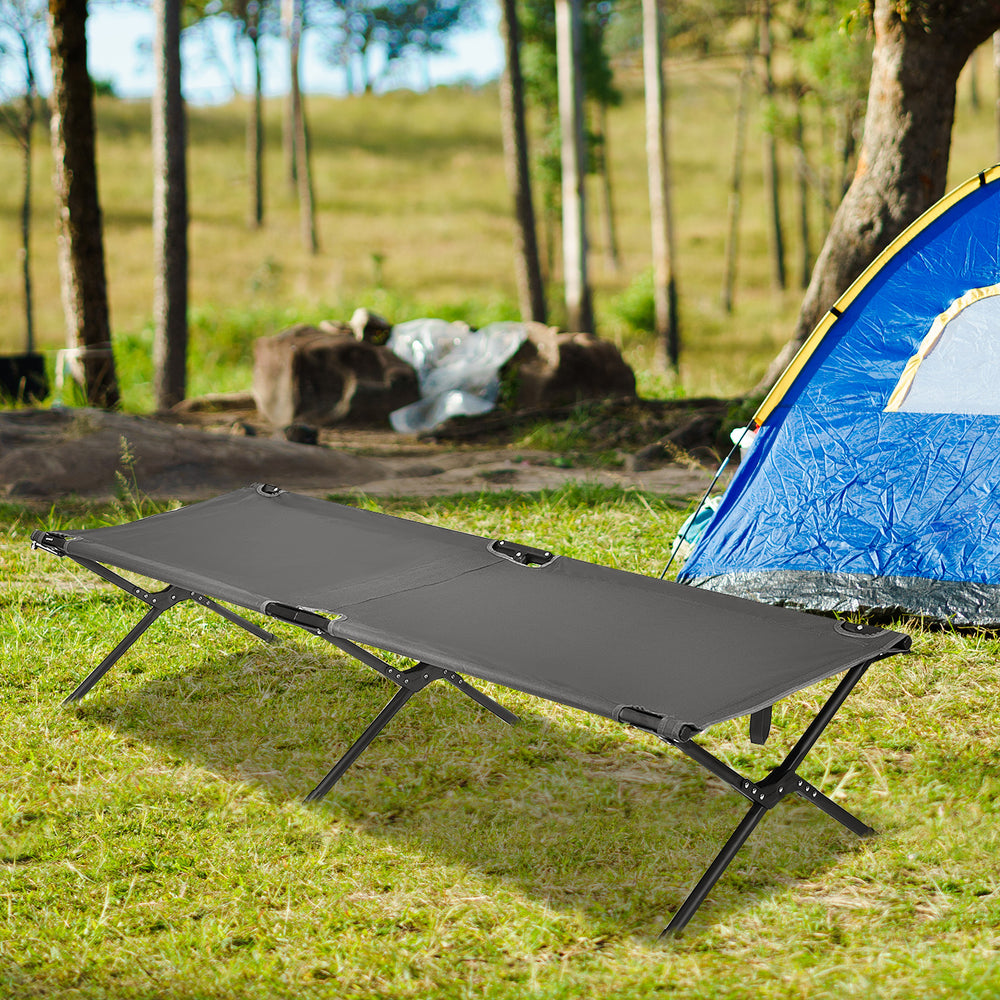 Gray folding camping cot with sturdy iron frame and 600D oxford fabric, ideal for camping and outdoor use.