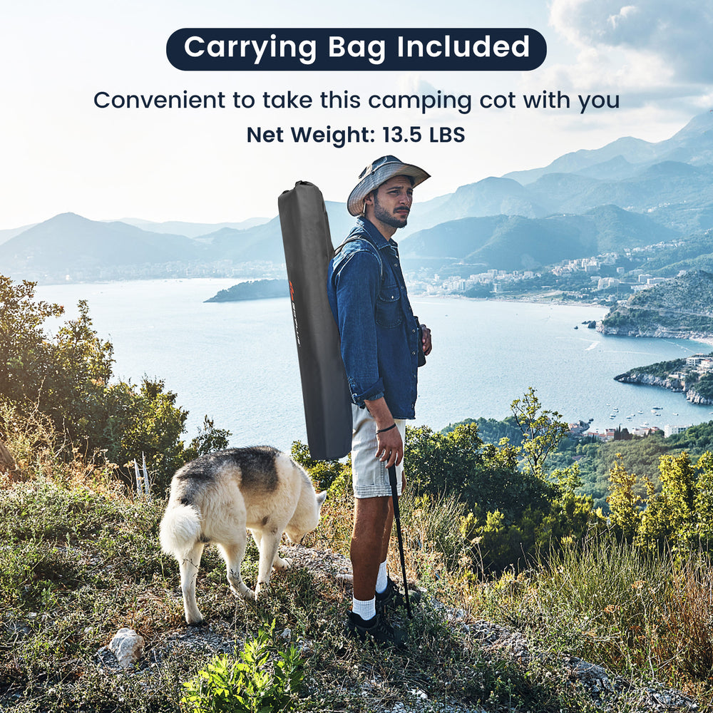 Folding camping cot in a carry bag, made of heavy-duty 600D oxford fabric, ideal for camping and outdoor activities.