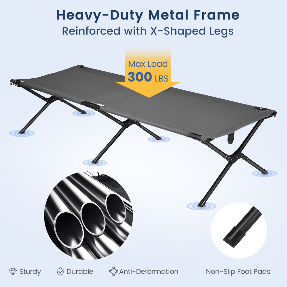 Folding camping cot in gray with heavy-duty iron frame, X-shaped legs, and 300 lbs capacity for outdoor use.
