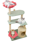 Multi-level floral kitten tower with plush perches, cozy condo, and sisal scratching posts for playful cats.