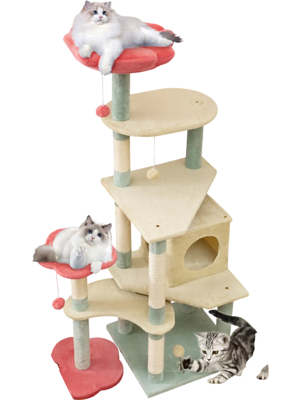 Multi-level 61-inch kitten tower with flower-shaped perches, cozy condo, and scratching posts for playful cats.