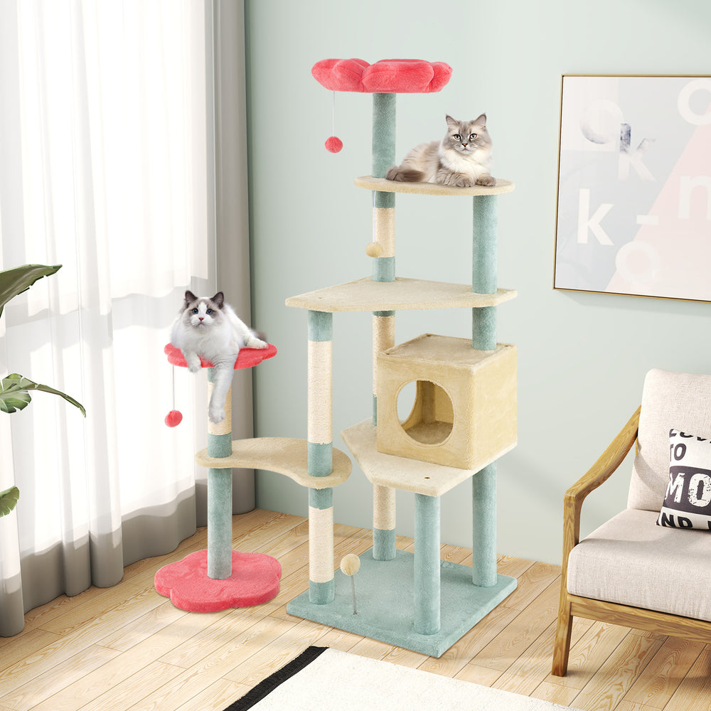 Multi-level 61-inch floral kitten tower in multicolor with padded perch, cat condo, and scratching posts for playful.