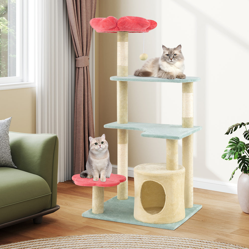 Multi-level 49-inch floral kitten tower with plush padded perch, cat condo, and sisal scratching posts for playful cats.