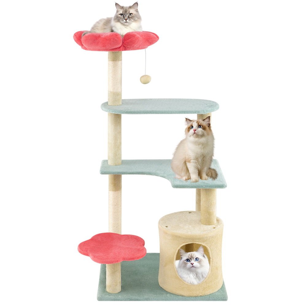 Multi-level floral kitten tower with plush padded perch, cozy condo, and sisal scratching posts for playful cats.