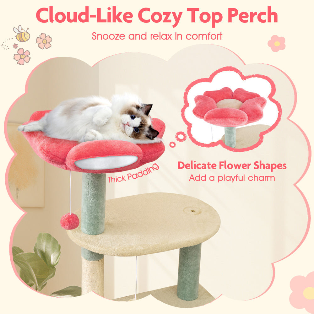 Cozy flower-shaped top perch with thick padding for cats, part of a multicolor 61-inch multi-level kitten tower.