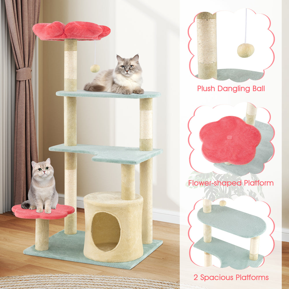 Multi-level floral kitten tower with plush flower-shaped perch, scratching posts, and cozy condo for playful cats.