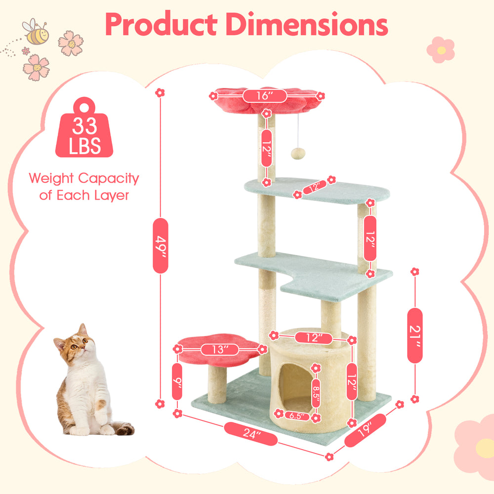 Multi-level 49-inch floral kitten tower with plush perch, cat condo, and sisal scratching posts for playful comfort.