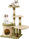 Two cats lounging on the top perch of a 38-inch tall multi-level kitten tower in green, ideal for observation and.
