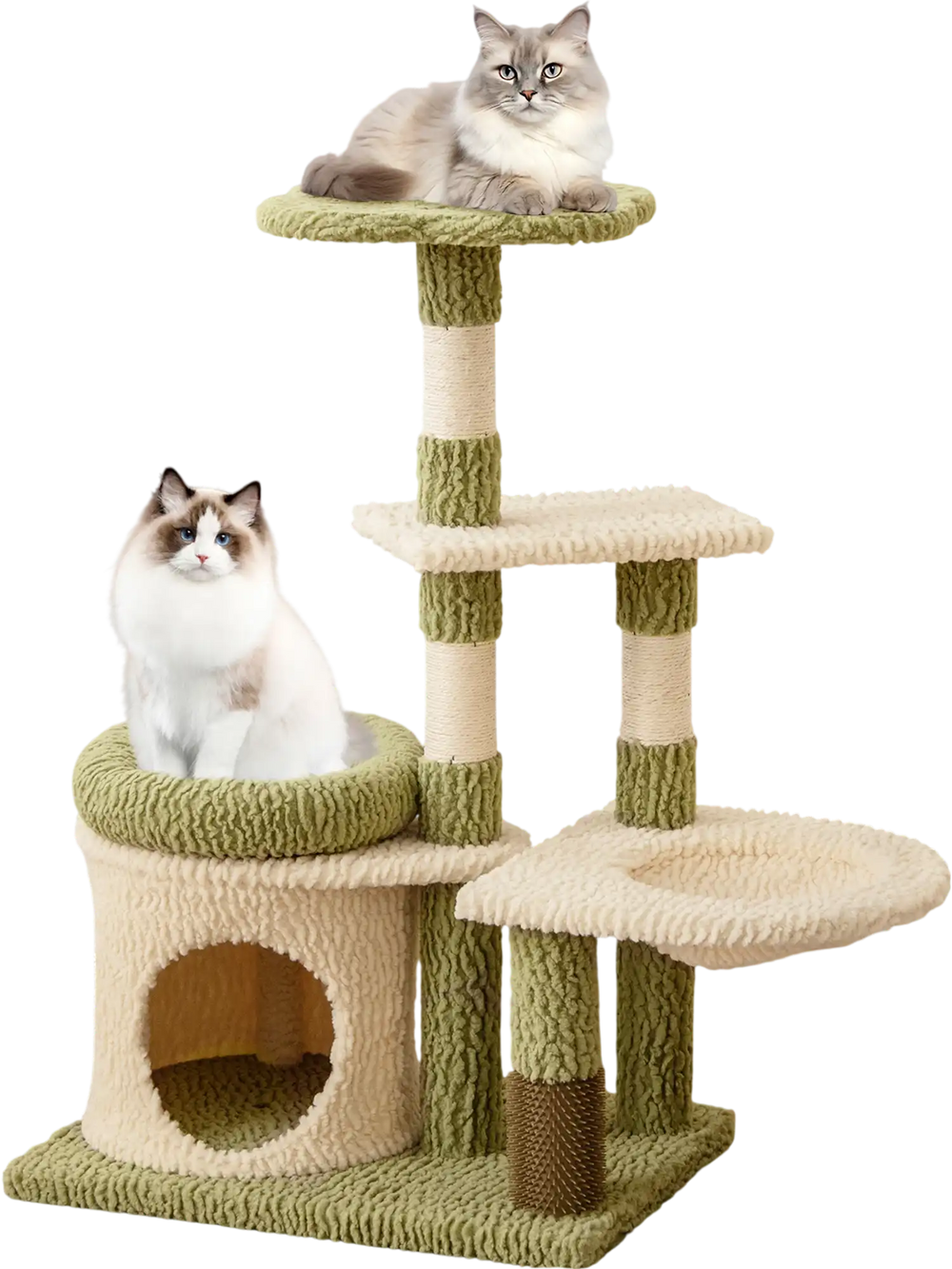 Two cats lounging on the top perch of a 38-inch tall multi-level kitten tower in green, ideal for observation and.