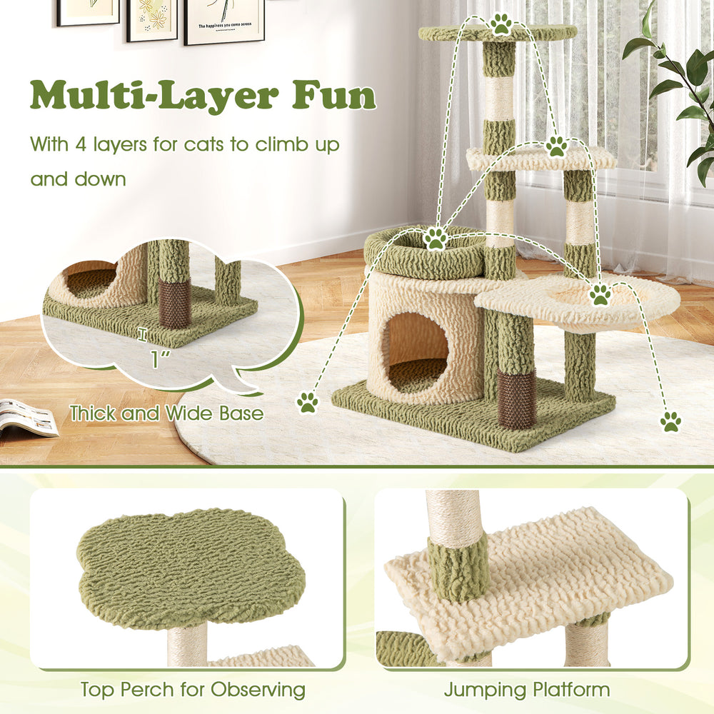 Multi-level aesthetic kitten tower in green with condo, bed, and scratching posts for climbing and lounging.