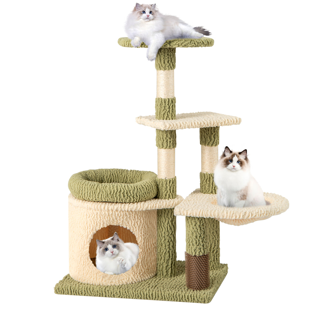 Multi-level 38-inch tall kitten tower in green with condo, bed, and scratching posts for playful cats.