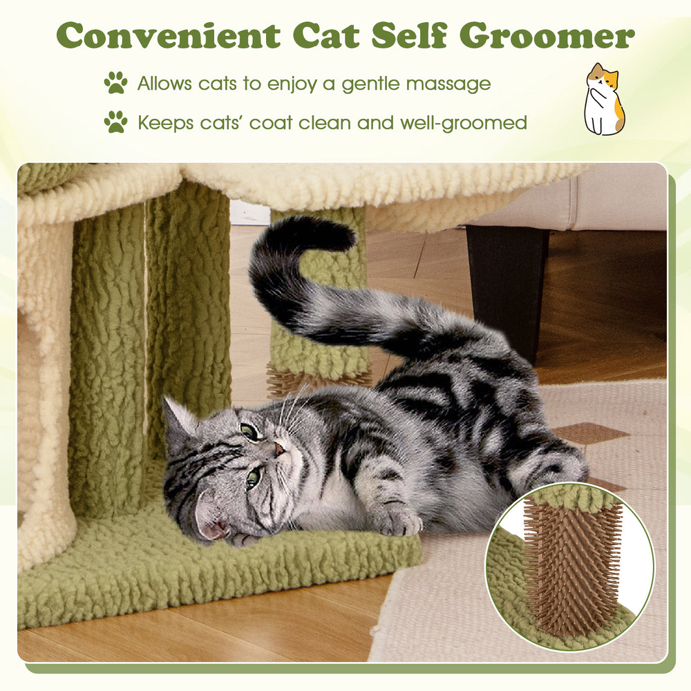 Cat self groomer on a multi-level kitten tower, featuring plush fabric and natural sisal for grooming and comfort.