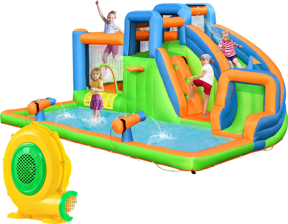 680W air blower with integrated handle and sturdy stakes for secure inflation of inflatable structures and decorations.