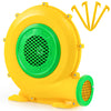 680W air blower fan in yellow and green with handle and stakes, designed for rapid inflation and secure placement.
