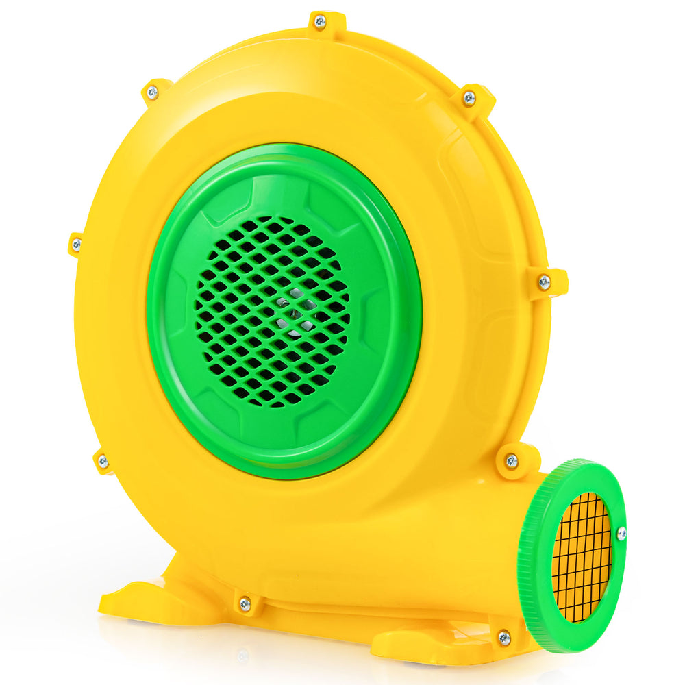 680W air blower with yellow and green design, featuring a sturdy handle and mesh air vent for secure inflation.