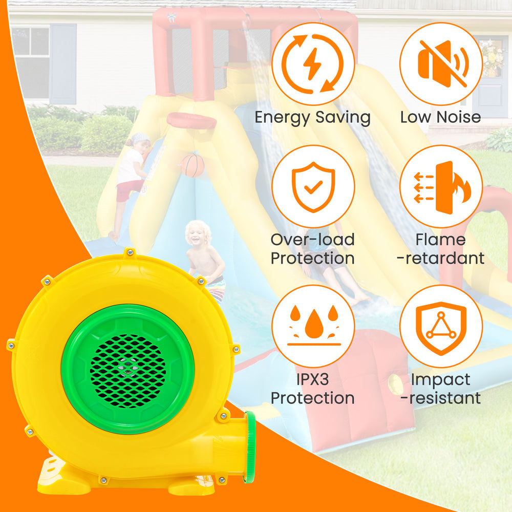 680W air blower with convenient handle, sturdy stakes, and IPX3 protection for rapid inflation of inflatables.