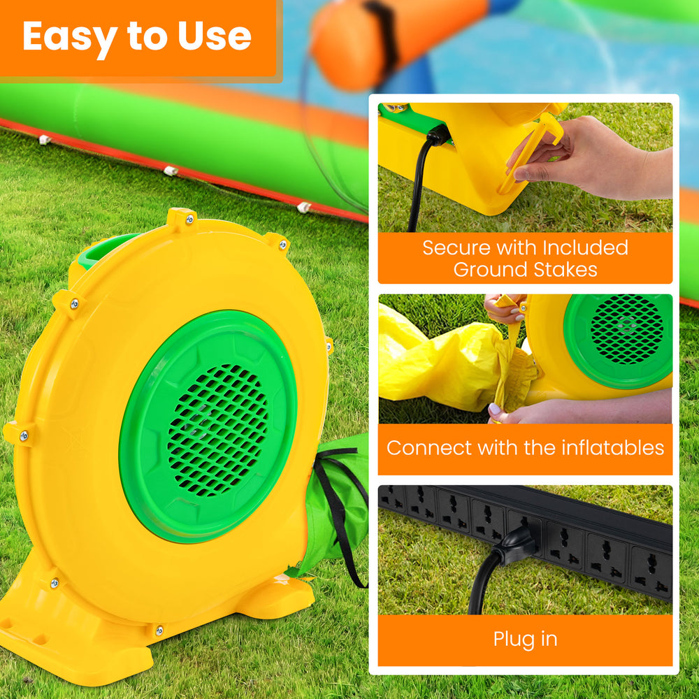 680W air blower with integrated handle, ground stakes, and waterproof switch for easy inflation of holiday inflatables.
