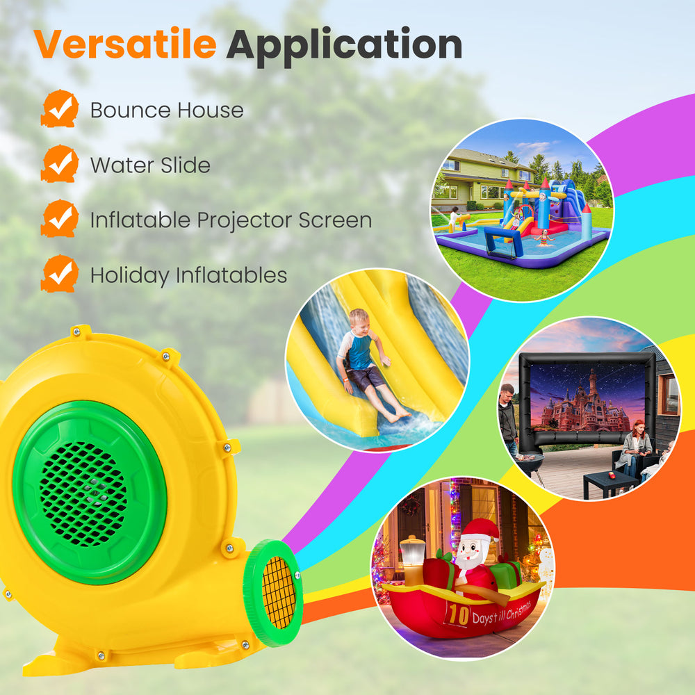 680W air blower fan with convenient handle and sturdy stakes, ideal for inflating bounce houses and holiday inflatables.
