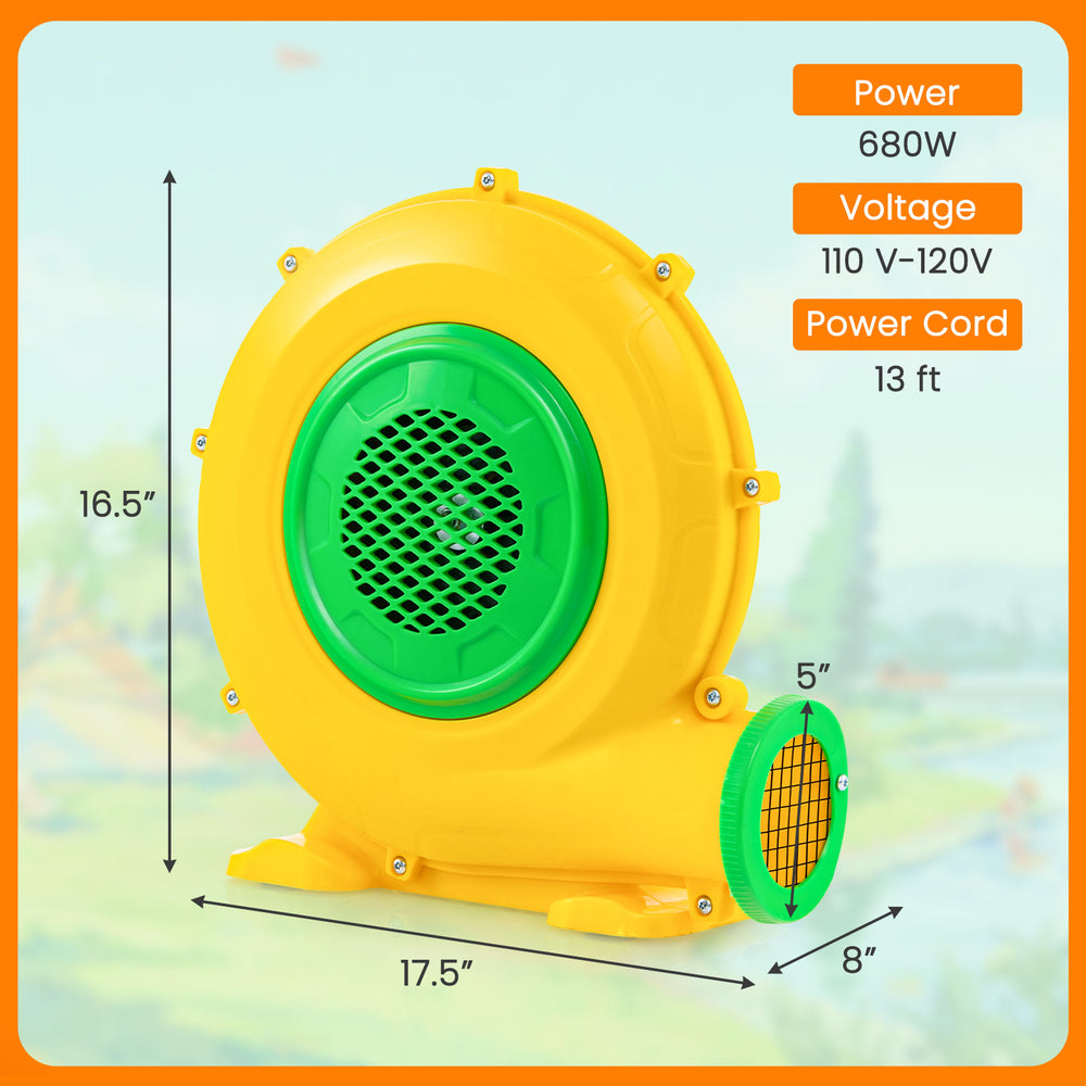 680W air blower fan in yellow with green mesh cover, featuring a convenient handle and sturdy ground stakes for.