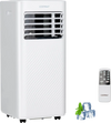 8000 BTU air conditioner in white with remote control, featuring cooling, fan, dehumidifier modes, and sleep mode.