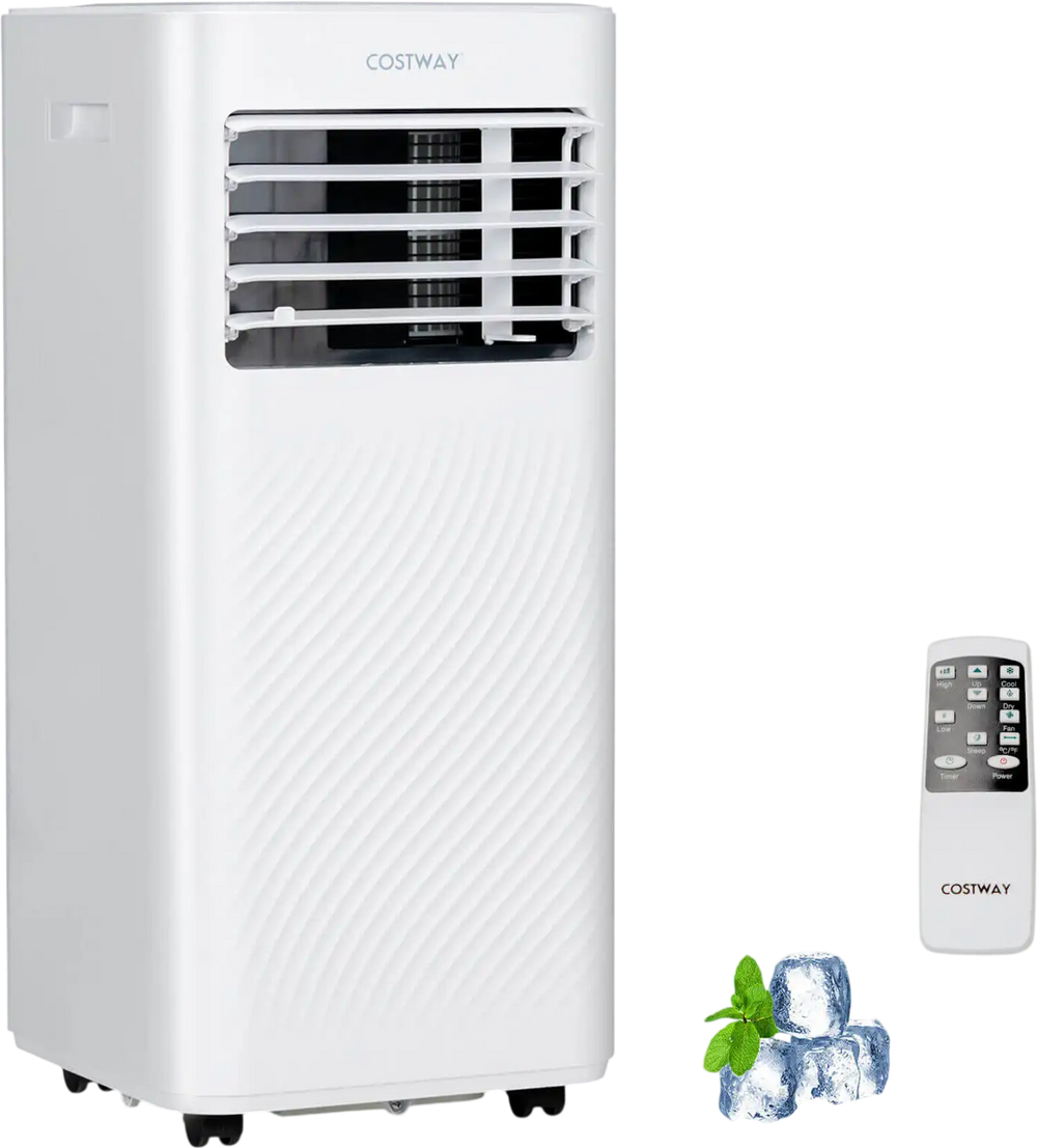 8000 BTU air conditioner in white with remote control, featuring cooling, fan, dehumidifier modes, and sleep mode.