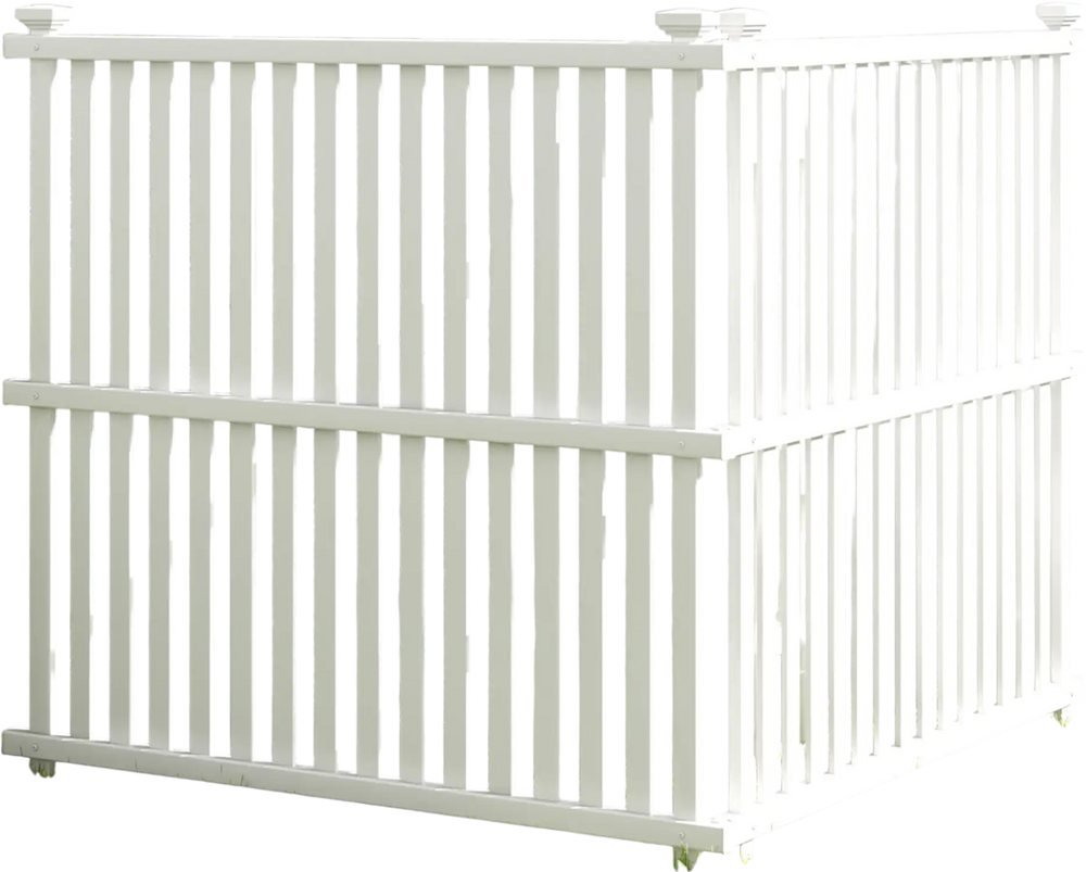Air conditioner fence panel in white PVC with slatted design and metal ground stakes for outdoor stability and air.