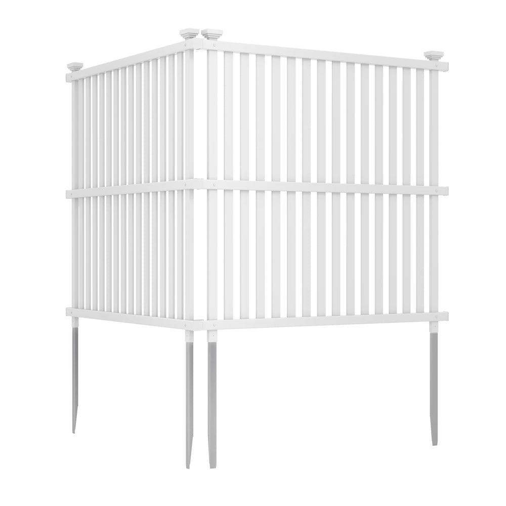 Air conditioner fence panel in white with metal ground stakes, designed for outdoor use and optimal stability.