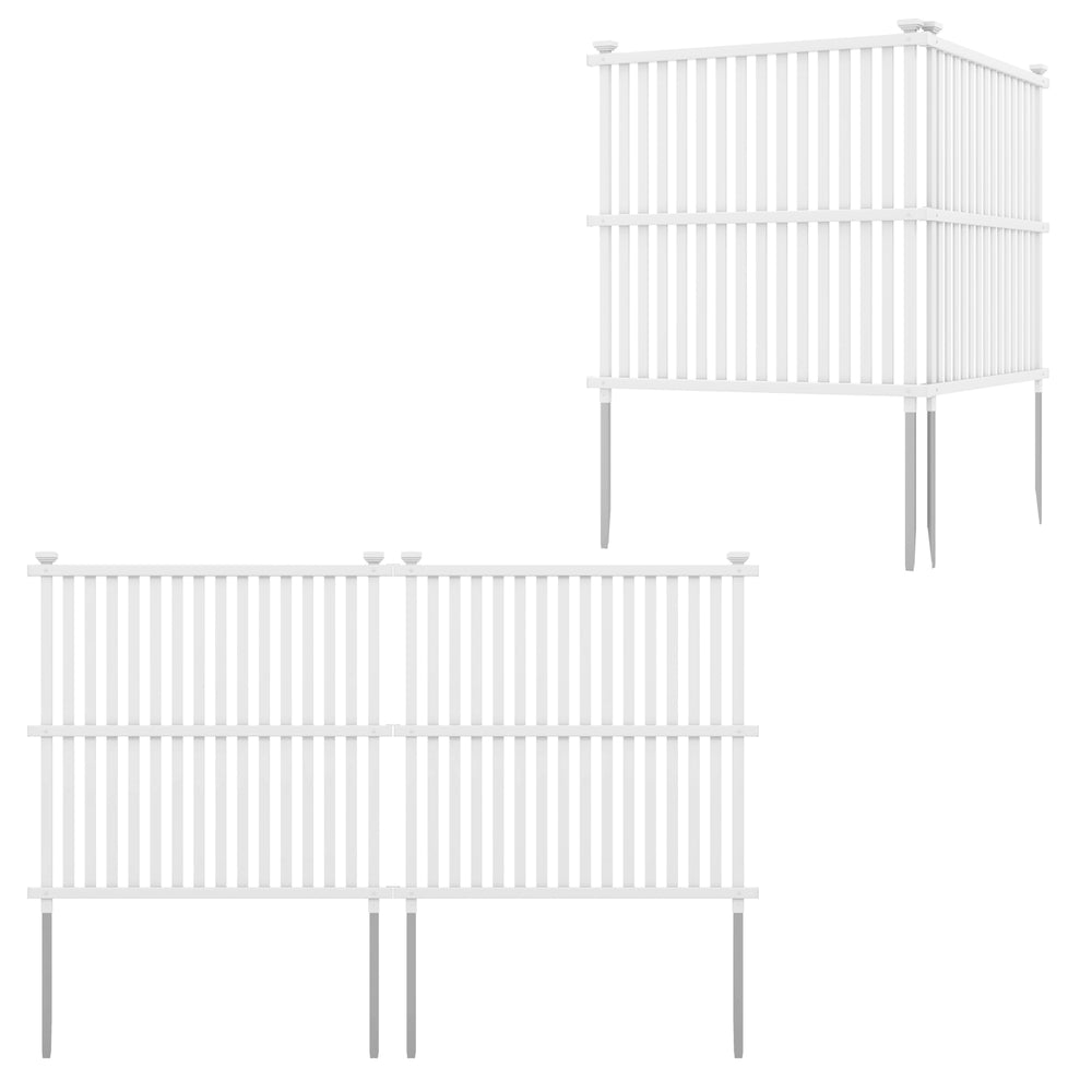 White air conditioner fence panel with metal ground stakes, designed for outdoor use and optimal stability.
