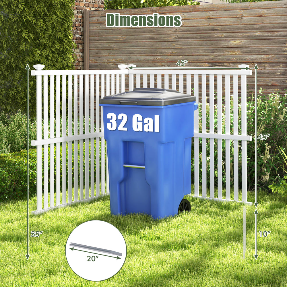 32-gallon trash can enclosed by a white PVC fence panel, featuring dimensions and strong metal ground stakes for.