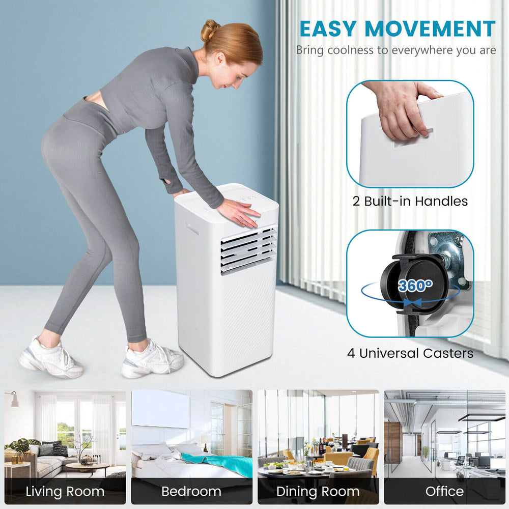 Portable 8000 BTU air conditioner with 4 modes, built-in handles, and universal casters for easy movement in any room.