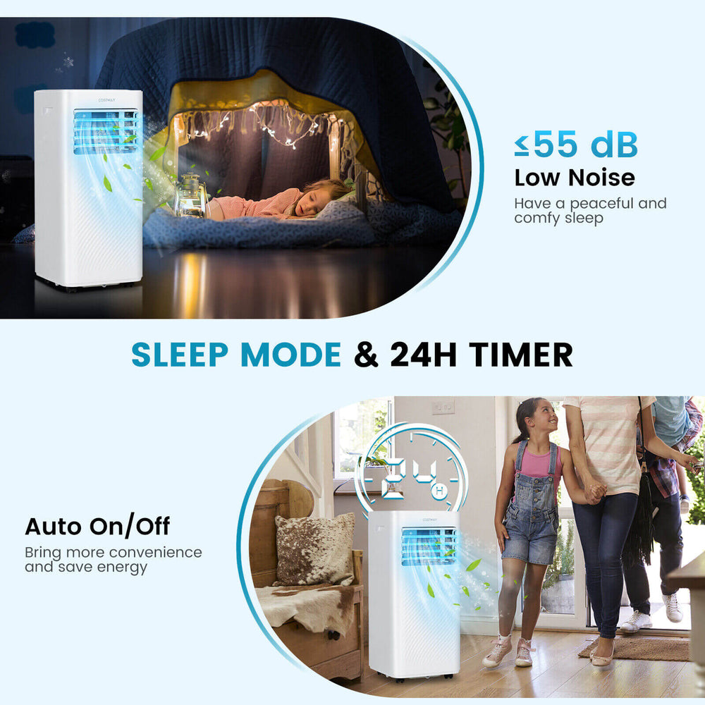 8000 BTU air conditioner in sleep mode, featuring low noise operation, remote control, and a 24-hour timer for.
