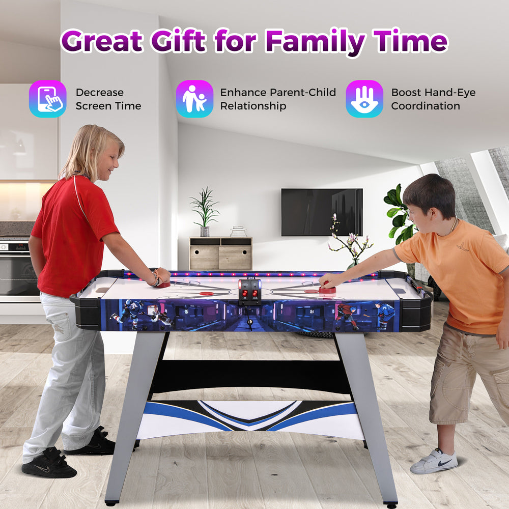 Air Powered Hockey Game Table in blue with LED score display, includes 2 pushers and pucks for family fun.