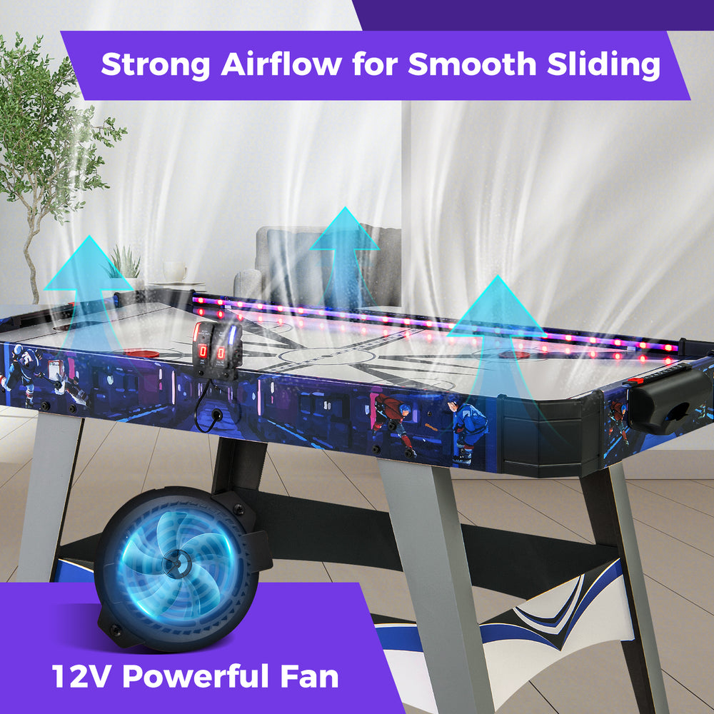 Air hockey game table with enhanced airflow system, LED score display, and included pushers and pucks for smooth.