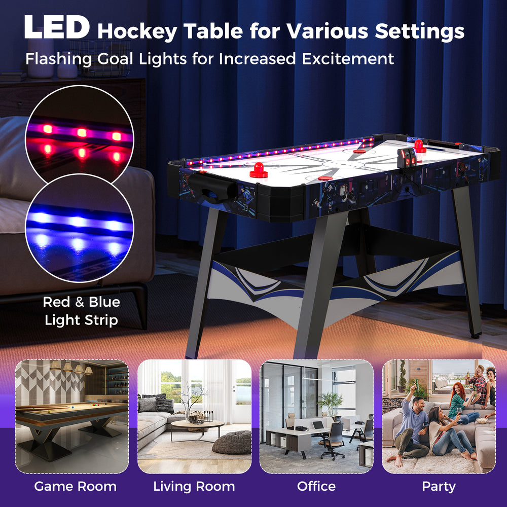 Air hockey game table with LED lights, 2 pushers, and pucks, perfect for game rooms, offices, or parties.
