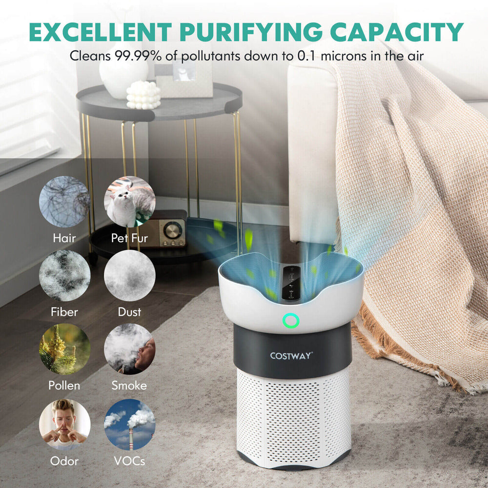 Air purifier with sleep mode, 3-stage filtration, 1300 sq. ft. coverage, and air quality indicator for home or office.