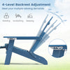 Navy All-Weather HIPS Adirondack lounge chair showing 4-level backrest adjustment for reading, sunbathing, or sleeping.