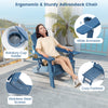 Navy Adirondack lounge chair with ergonomic design, wide armrests, and retractable footrest for outdoor relaxation.