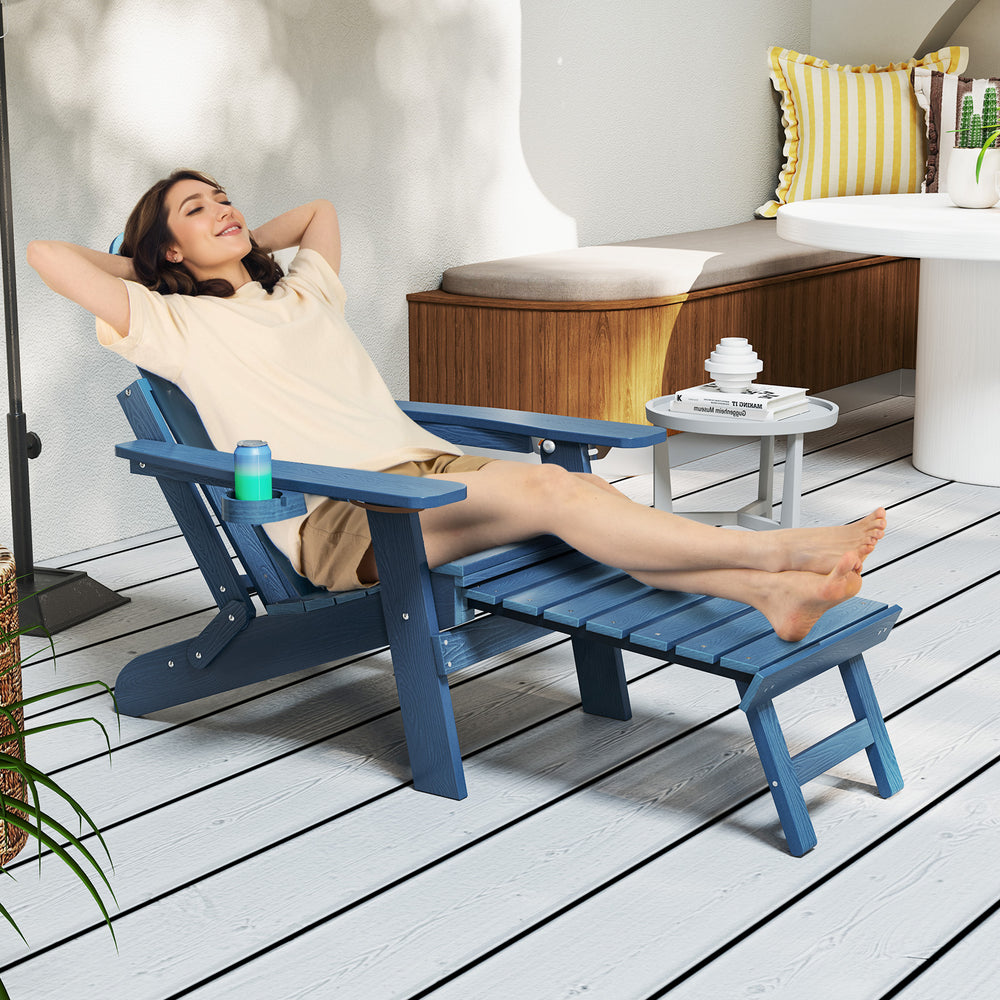 Navy All-Weather HIPS Adirondack lounge chair with retractable footrest, perfect for relaxing in the garden or patio.