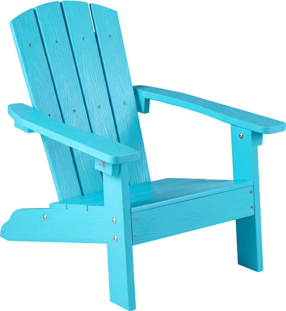 Turquoise All-Weather HIPS kid's Adirondack chair with high backrest and armrests, perfect for indoor and outdoor use.