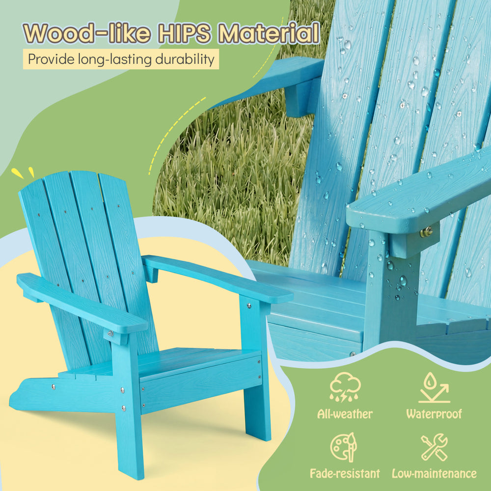 Turquoise kid's Adirondack chair with high backrest, wide armrests, and all-weather HIPS material for indoor and.