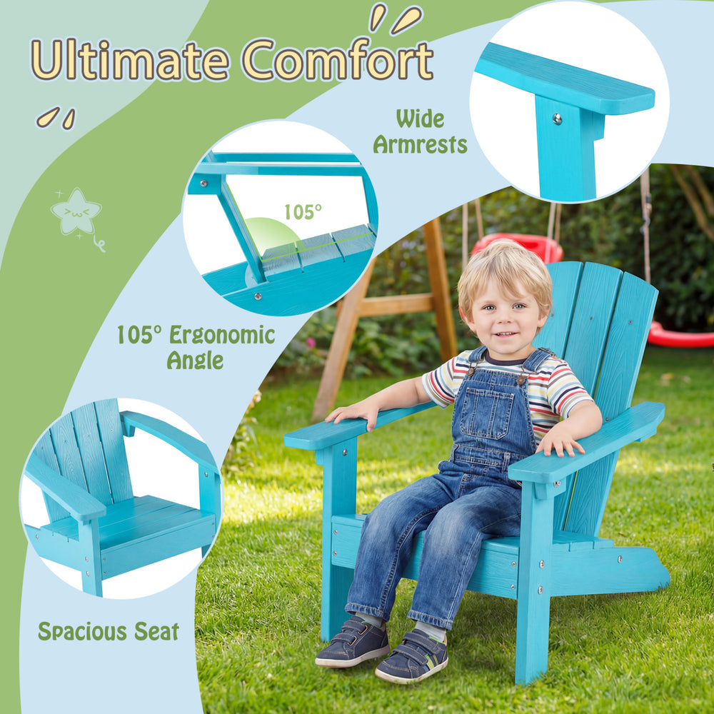 Turquoise kid's Adirondack chair with wide armrests, 105° ergonomic angle, and spacious seat for outdoor comfort.